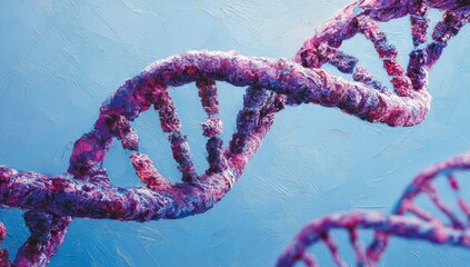 Impasto-style artwork depicting a DNA double helix in vibrant purple and pink hues against a light blue textured background