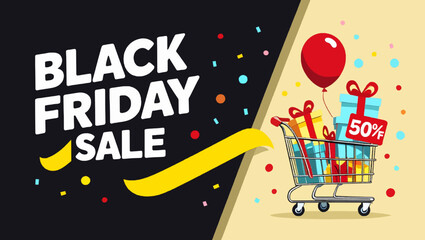 Black Friday sale banner with a shopping cart full of gifts and a balloon