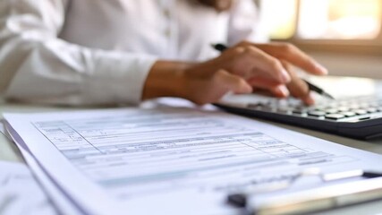 Businessperson Calculating Finances, Filling Forms, Close-Up View