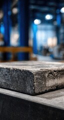 Weathered grey rectangular stone block rests on a dark metal surface, blurred industrial background