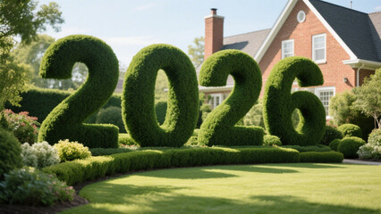 A beautifully manicured garden featuring large, sculpted topiaries shaped into the numbers 2026. Happy New Year, Happy New Year 2026, Merry Christmas And Happy New Year