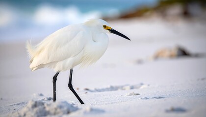 Obraz premium A small white bird walks along a sandy beach.