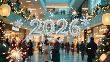 Fototapeta premium A bustling holiday scene with the year 2026 elegantly written in frosty, snowflake-like letters, floating gracefully against a softly blurred background. Happy New Year, Happy New Year 2026