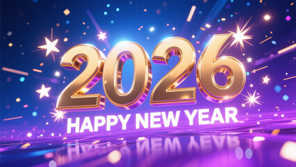 A celebratory New Year's design featuring the year 2026 in bold, golden 3D letters with a reflective, metallic finish. Happy New Year, Happy New Year 2026, Merry Christmas And Happy New Year