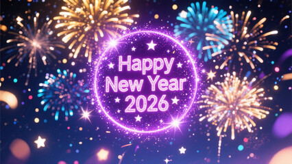 A celebratory New Year's scene featuring the phrase 'Happy New Year 2026' in bold, glowing letters encircled by a radiant purple ring. Happy New Year, Happy New Year 2026