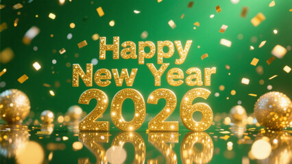 A celebration of the New Year, with Happy New Year 2026 prominently displayed in sparkling golden letters that shimmer against a vibrant green background. Happy New Year, Happy New Year 2026