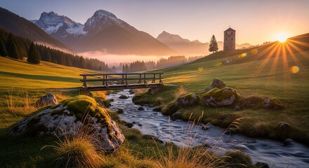 Idyllic Alpine Sunrise over a Flowing Stream, Wooden Bridge, and Ancient Tower