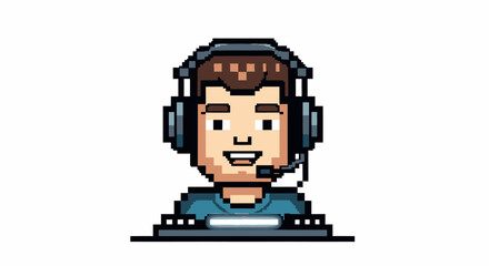 Pixelated Gamer with Headset Illustration in Retro Style
