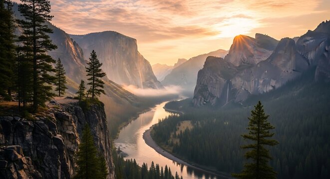 Iconic Yosemite Valley Sunrise with Sunburst Over a Misty, Winding Merced River - Powered by Adobe