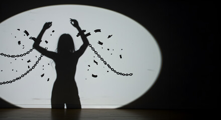 Silhouette breaking chains, symbolizing freedom, liberation, and overcoming adversity