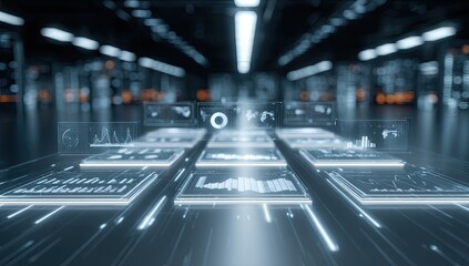 Futuristic data dashboards in a dark server room