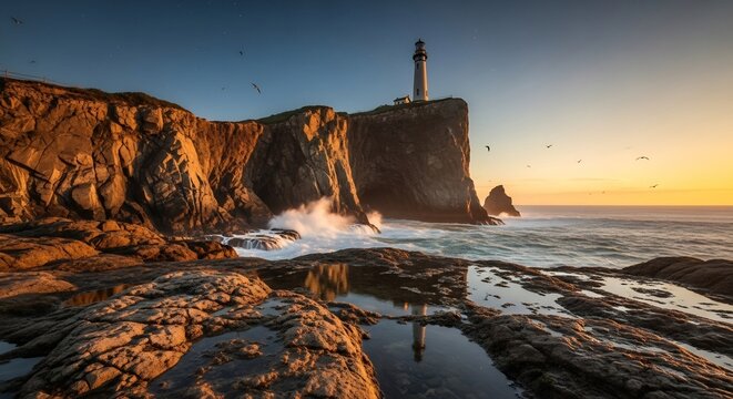 Majestic Lighthouse Stands Tall on Rugged Coastal Cliffs at Golden Hour Sunset