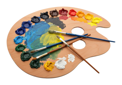 Painting palette and brushes creative studio art supplies indoor workspace artistic expression isolated on transparent background