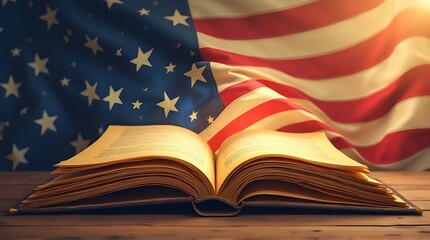 Open book with American flag background symbolizing USA history and freedom
