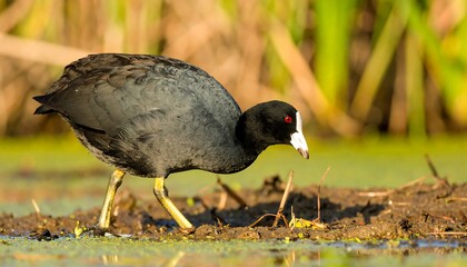 Close-up of a black and white bird foraging in a marsh.