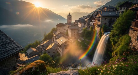 Picturesque Mountain Village with Waterfall, Rainbow, and Golden Sunset Light