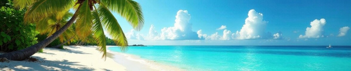 Fototapeta na wymiar Sun-drenched palms, pristine beach, turquoise sea , sand, travel, holiday