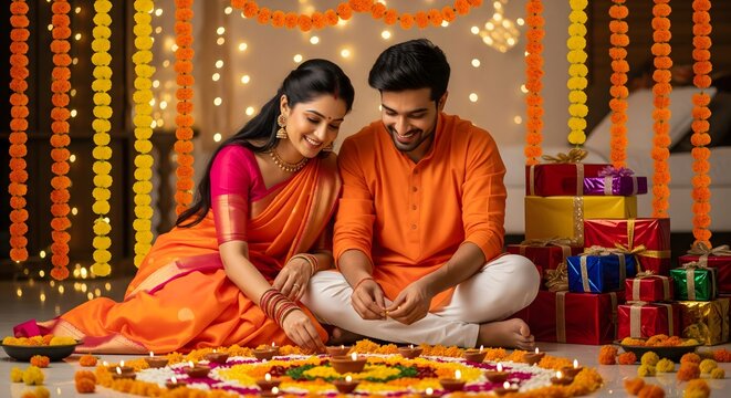 Indian couple creating colorful Diwali rangoli design with marigold flowers, diyas and festive decorations, celebrating traditional festival of lights with love, joy and cultural heritage