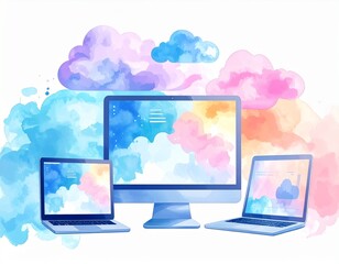 Watercolor style digital illustration of computer smartphone cloud and data technology scenes"