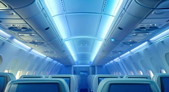 Airplane Cabin Interior with Overhead Compartments and Individual Seatback Screens