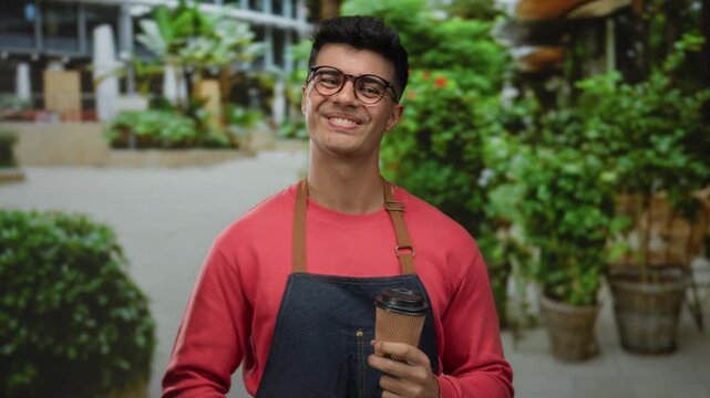 Young man in glasses and apron holding coffee cup outdoors on a city street with lush green plants and a modern urban background.
