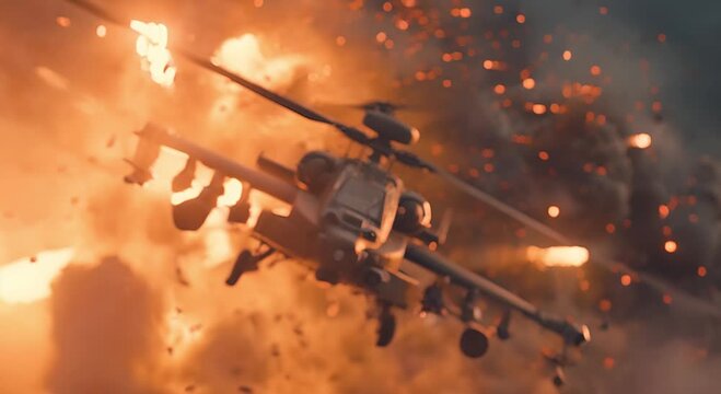 Apache Helicopter Flying Through Smoke and Debris with Blue Lighting