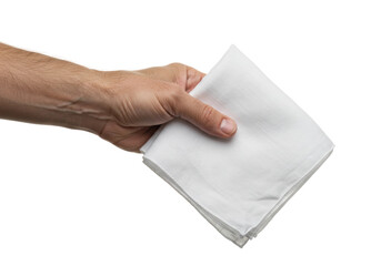 Hand holding a white napkin indoor setting still life neutral focus on cloth texture isolated on transparent background
