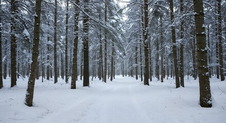 Snowcovered forest path lined with dense bare trees creating a wintry landscape