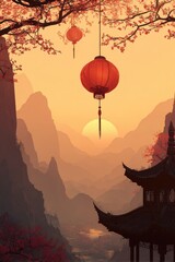 Serene sunset vista Two red lanterns hang from a flowering branch, silhouetted against a hazy mountain range at dusk; a pagoda sits below