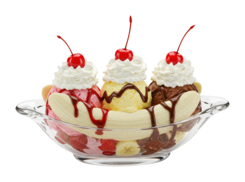 Delicious banana split sundae ice cream parlor dessert bright environment indulgent treat isolated on transparent background