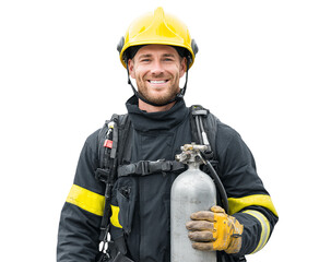 Heroic Firefighter holds oxygen tank. Smiling fireman wears helmet & uniform for safety, rescue operations, and emergency response scenes.