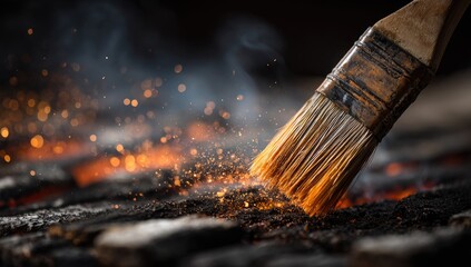 A paintbrush, bristles ablaze, sweeps across burning embers, creating sparks and smoke in a dramatic, close-up shot