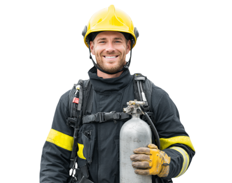 Heroic Firefighter holds oxygen tank. Smiling fireman wears helmet & uniform for safety, rescue operations, and emergency response scenes.
