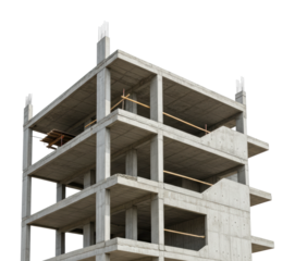 Construction progress of concrete building framework in urban area architectural modern aerial isolated on transparent background