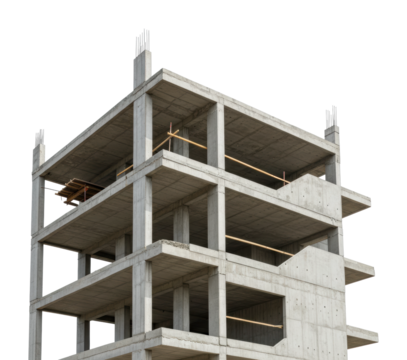 Construction progress of concrete building framework in urban area architectural modern aerial isolated on transparent background
