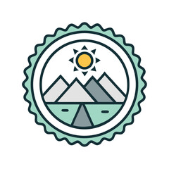 Mountain Landscape Icon in Circle Frame with a Rising Sun Graphic Illustration