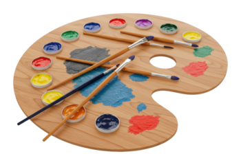 Creative painting session art palette with brushes and colors studio visual art artistic environment overhead craftsmanship isolated on transparent background