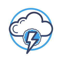 Stylized weather icon depicting storm with cloud, lightning, and circular outline on black background