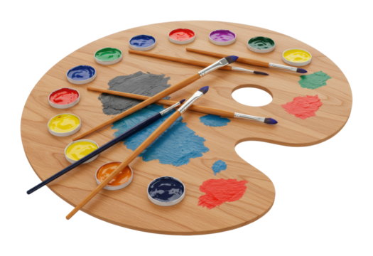Creative painting session art palette with brushes and colors studio visual art artistic environment overhead craftsmanship isolated on transparent background