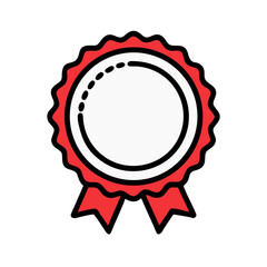 Red and White Award Badge with Ribbon Isolated on Black Background Graphic