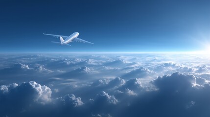 white airplane flying in clear blue sky with clouds profile view