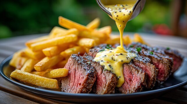 grilled rump steak with fries and cheese sauce on black plate