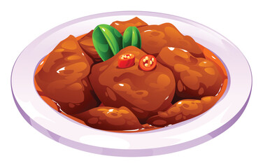 Famous Indonesian beef rendang, a spicy meat dish cooked in coconut milk and spices. Vector cartoon illustration