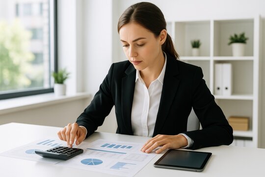 Successful businesswoman analyzing financial reports with calculator and digital tablet in bright modern office workspace