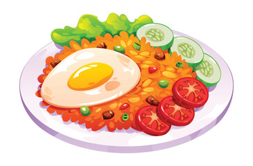 Plate of delicious nasi goreng, a traditional Indonesian fried rice served with a fried egg. Vector cartoon illustration