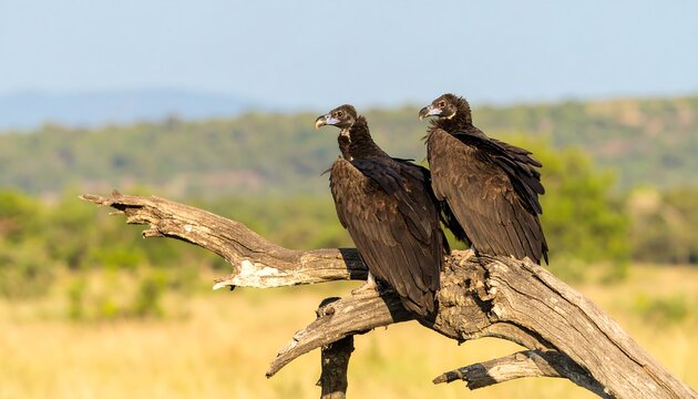 Two black vultures perched on a dead branch.