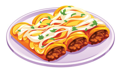 Delicious beef enchiladas covered in cheese sauce and fresh cilantro on a white plate. Vector cartoon illustration