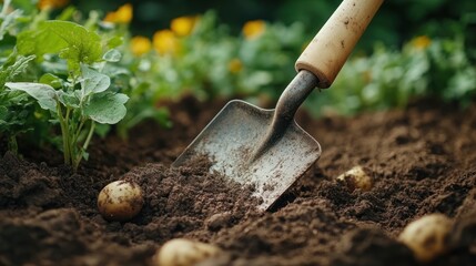 Shovel digging into soil with harvested potatoes visible in a garden.