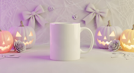 White ceramic mug mockup with pastel jack o lantern pumpkins, bows, roses, and glowing halloween background perfect for creative design presentations