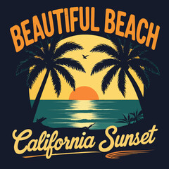 Vintage beach sunset vector illustration with palm trees, ocean stripes, retro typography, and California summer design
